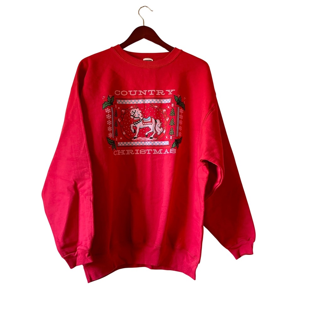 NWT vintage Country Christmas Sweatshirt Red Horse Graphic Pullover Women's‎ XL